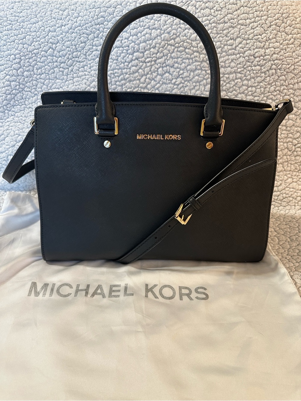 Michael Kors Black Saffiano Leather Satchel with Gold Hardware